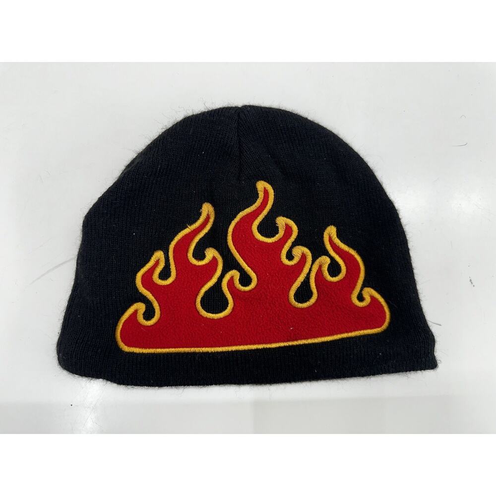 Unbranded Childrens Winter Hat Beanie Black Fleece Embroidered Flame Fire